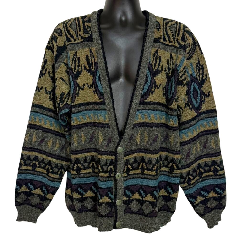Vtg 1990s Zeppelin Geometric Cardigan Sweater Mens L Tall Eclectic Grandpa Coogi
